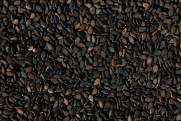 A lot of black sesame seeds, top view close up, dark brown dry small seeds, heap