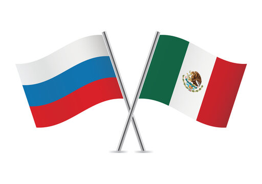 Russia and Mexico crossed flags. Russian and Mexican flags on white background. Vector icon set. Vector illustration.