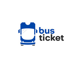 Bus ticket and bus front view logo design. Buying tickets online, transport service vector design. Public transportation ticket logotype