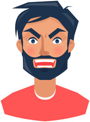 Angry face expression of adult man. Person with emotion of anger. Distresses, frustrated, upset face of male character. Unhappy, negative guy vector illustration. Expressing human emotion concept