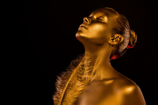 Photo Of Dreamy Gentle Lady With Closed Eyes Feather Touch Her Neck Chest Breast Isolated Dark Color Background