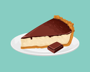 Slice of chocolate cheesecake on white plate. Vector illustration of sweet dessert in cartoon flat style.