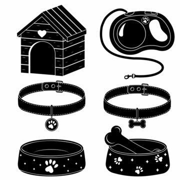 A set of icons of accessories for dogs and cats, a booth, bowls of food, a leash and collars with a medallion.