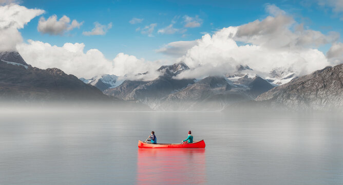 Couple adventurous people on red canoe paddling in calm water. Sunny and Foggy Atmosphere. 3d Rendering. Mountain Landscape. Adventure Sport Concept