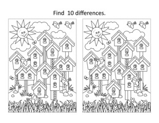 Find 10 differences visual puzzle and coloring page with birds, birdhouses, nestlings
