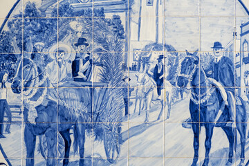 Azulejos panels on a fountain in the center of the village of Estoi, Algarve, Portugal