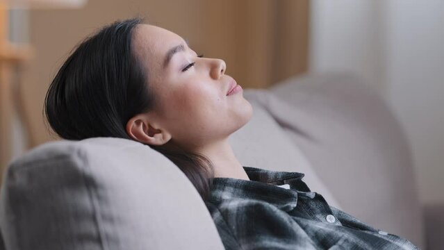 Side view close up Asian calm woman relaxed Korean lady in checkered casual shirt close eyes resting sleep on back of couch relaxing dreaming on comfortable sofa in living room at home lazy time