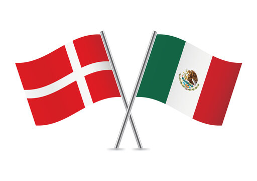 Denmark and Mexico crossed flags. Danish and Mexican flags on white background. Vector icon set. Vector illustration.