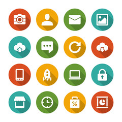 Flat icons vector set and long shadow effect for web site design, infographics, ui and mobile apps. Objects, business, office, communication and marketing items
