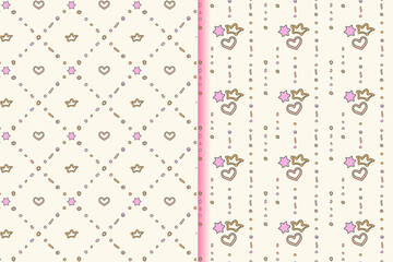 Nursery seamless 2 patterns, set. Hand drawn doodle graphic heart, crown, star. Diagonal, vertical geometrical grid, shapes. Tender pastel baby color palette. White easy editable background. Vector