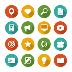 Flat icons vector set and long shadow effect for web site design, infographics, ui and mobile apps. Objects, business, office, communication and marketing items