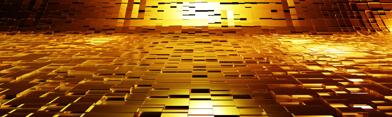 Abstract background with geometric shapes and intenseblue golden glow. 3d rendering.
