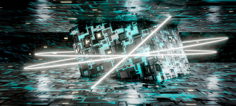 Glowing rings and detailed sfi fi structure. Fantasy world. 3d rendering.