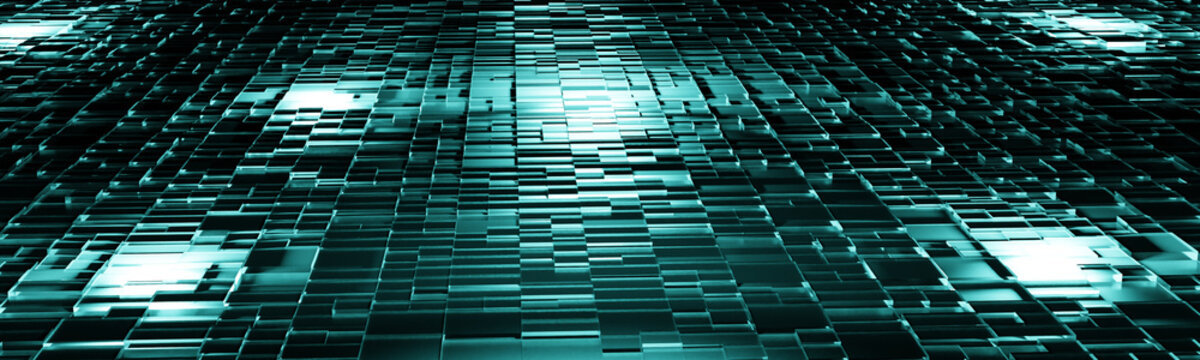 Abstract background with geometric shapes and intenseblue green glow. 3d rendering.