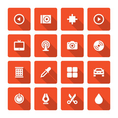 Flat icons vector set and long shadow effect for web design, infographics, ui and mobile apps. Objects, business, office, communication and marketing items