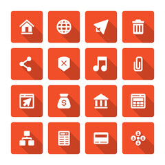 Flat icons vector set and long shadow effect for web design, infographics, ui and mobile apps. Objects, business, office, communication and marketing items