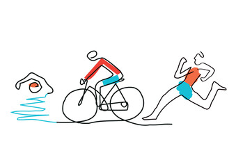 Triathlon cycling swimming , line art. Illustration of Triathlon athletes. Continuous Line Drawing . Vector available.
