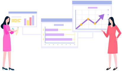 Women analysing diagrams, brainstorming. Marketing research results presentation. Colleagues discuss statistical indicators, business statistics. Female employees work with financial data analysis