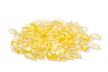 Close up of  oil filled capsules suitable for: fish oil, omega 3, omega 6, omega 9,  vitamin A, vitamin D, vitamin D3, vitamin E - Image