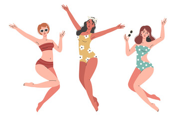 Beautiful summer women in swimsuits.Happy young girls jumping.Vacation concept.