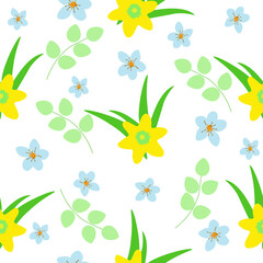 Seamless pattern yellow daffodils, blue flowers, green leaf on white background. Cute girly floral pastel print, vector eps 10