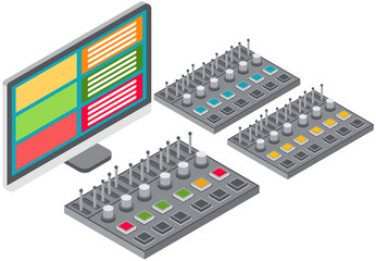 Electronic device, mixer designed to work with signals. Equipment for musician, sound specialist. Volume console to create music. Element of sound control. Audio controller vector illustration