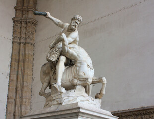 Statue of Hercules killing the Centaur, by Giambologna. Located in the open-air gallery (Loggia dei Lanzi) on the Piazza della Signoria in Florence, Italy