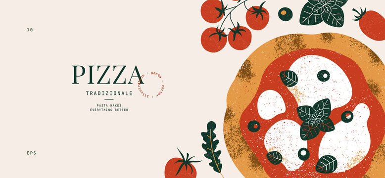 Italian pizza horizontal design template. Pizza Margherita with tomatoes and mozzarella. 