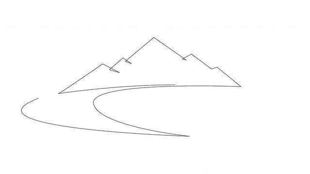 Self drawing animation of mountain landscape with river. Minimalistic continuous one line drawing. 4k.