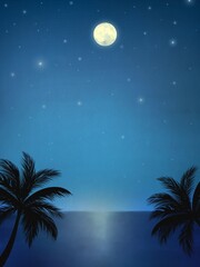 ヤシの木と月夜の南国ビーチ　背景素材