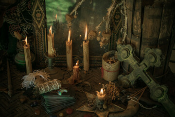 Magical illustration, esoteric concept. Candles for clean dark energy. Wicca and pagan stuff on a...