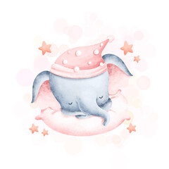 Cute baby elephant sleeping on the pillow 