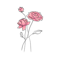 Pink flowers in line art style. Hand drawn simple botanical abstract bouquet. Vector illustration.