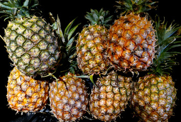 set of ripe pineapples with different shades, on a black background