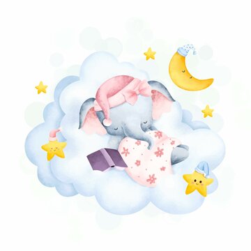 Cute baby elephant sleeping on the cloud 