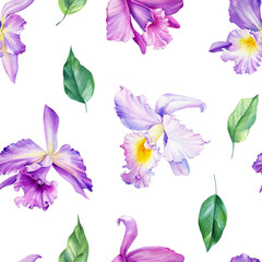 Exotic orchid flowers. Watercolor floral Seamless patterns
