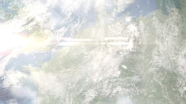 Earth zoom in from outer space to city. Zooming on Siegen, Germany. The animation continues by zoom out through clouds and atmosphere into space. Images from NASA