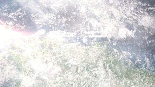 Earth zoom in from outer space to city. Zooming on Guatire, Miranda, Venezuela. The animation continues by zoom out through clouds and atmosphere into space. Images from NASA