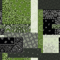 Black and green paisley bandana fabric patchwork abstract vector seamless pattern