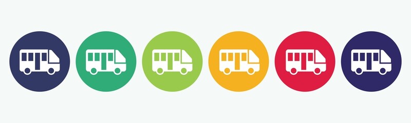 6 circles set with bus icon in various colors. Vector illustration.
