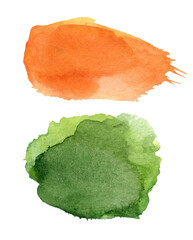 Several bright vector watercolor blots isolated on white background. Hand drawn green and orange spots on paper. Abstract decorative background elements for artistic banner layout design. Quick sketch