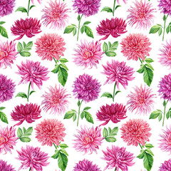 Dahlia flowers, branches of roses and leaves. Watercolor floral Seamless patterns
