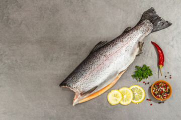 Raw trout carcass with spices and herbs on a grey stone concrete background. Sea fish, healthy food
