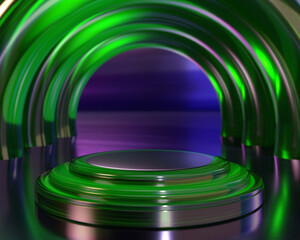 Triple green Cylinder pedestal podium with green circle column design on green background for product presentation stage display by 3d rendering technique.