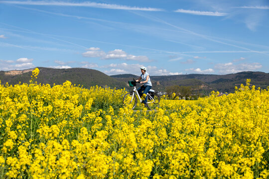 Fahrrad Fahrerin fährt durch blühendes Rapsfeld, Sonnenschein und blauer Himmel.