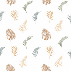 Fototapeta na wymiar Seamless pattern with different tropic leaves on white background. Modern Scandinavian style illustration, perfect for greeting cards, wall art, wrapping paper, etc.