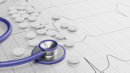 Blue stethoscope and white tablets with electrocardiogram. ECG curve in the background. 3d rendered illustration.
