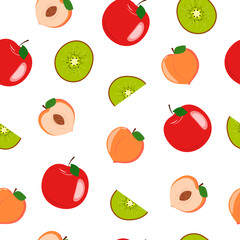 Seamless pattern with apple, kiwi and peach