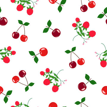 Seamless pattern with cherries and raspberries