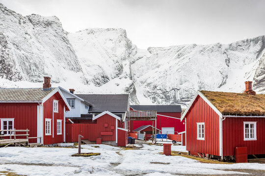 Reine  Norway 03-06-2022. Old traditional fisherman's house  called Rorbu at reine in Lofoten  islands. Norway.